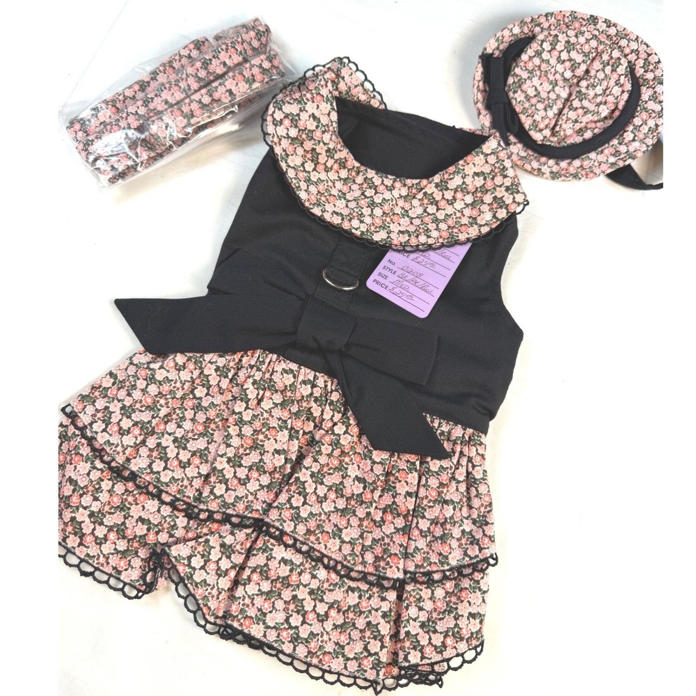 Pet Dress Set Med Black Pink Floral Sleeveless Hat Leash Outfit NWT